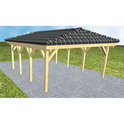 Carport mit Walmdach Kiel KD Classic, 505x573 cm, inkl. Dachpfannen und Dachrinnen, Kiefer KDI-grün Kurz (573 cm) | komplett | Kiefer KDI