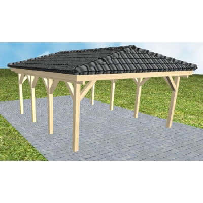 Carport mit Walmdach Kiel KD Master, 505x573 cm, inkl. Dachpfannen und Dachrinnen, Fichte KVH naturbelassen Kurz (573 cm) | komplett | Fichte KVH natur