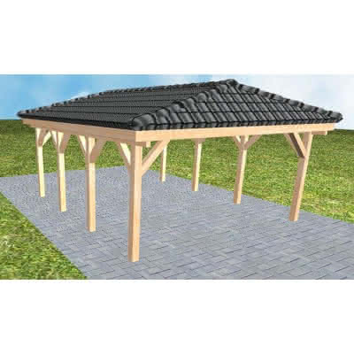 Carport mit Walmdach Kiel KD Perfect, 505x573 cm, inkl. Dachpfannen und Dachrinnen, Fichte Leimholz naturbelassen Kurz (573 cm) | komplett | Fichte Leimholz natur