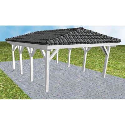 Carport mit Walmdach Kiel KD Select, 505x573 cm, inkl. Dachpfannen und Dachrinnen, Fichte Leimholz weiß grundiert Kurz (573 cm) | komplett | Fichte Leimholz weiß