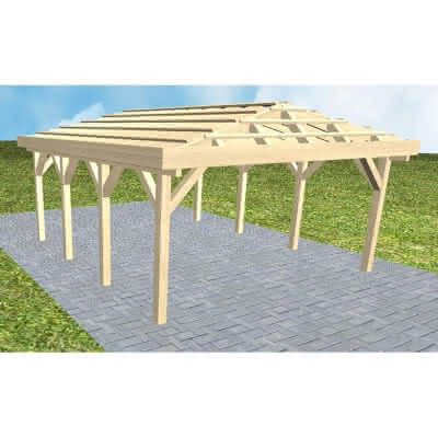 Carport mit Walmdach Kiel KO Master, 505x573 cm, ohne Dachpfannen und Dachrinnen, Fichte KVH naturbelassen Kurz (573 cm) | ohne Pfannen u. Entwässerung | Fichte KVH natur