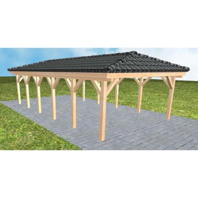 Carport mit Walmdach Kiel LD Perfect, 505x903 cm, inkl. Dachpfannen und Dachrinnen, Fichte Leimholz naturbelassen Lang (903 cm) | komplett | Fichte Leimholz natur