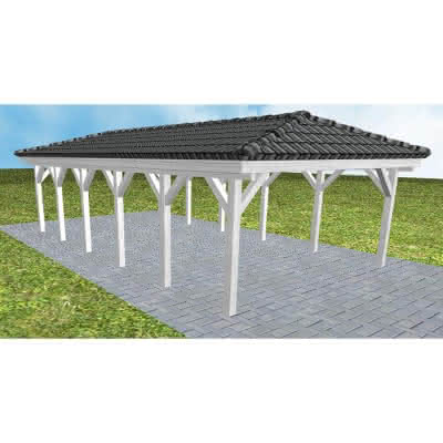 Carport mit Walmdach Kiel LD Select, 505x903 cm, inkl. Dachpfannen und Dachrinnen, Fichte Leimholz weiß grundiert Lang (903 cm) | komplett | Fichte Leimholz weiß