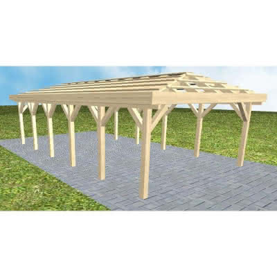 Carport mit Walmdach Kiel LO Master, 505x903 cm, ohne Dachpfannen und Dachrinnen, Fichte KVH naturbelassen Lang (903 cm) | ohne Pfannen u. Entwässerung | Fichte KVH natur