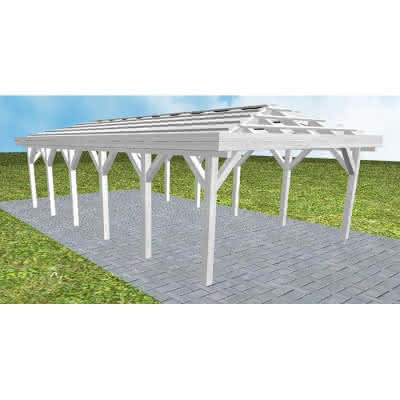 Carport mit Walmdach Kiel LO Select, 505x903 cm, ohne Dachpfannen und Dachrinnen, Fichte Leimholz weiß grundiert Lang (903 cm) | ohne Pfannen u. Entwässerung | Fichte Leimholz weiß