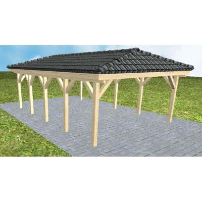 Carport mit Walmdach Kiel MD Master, 505x723 cm, inkl. Dachpfannen und Dachrinnen, Fichte KVH naturbelassen Mittel (723 cm) | komplett | Fichte KVH natur