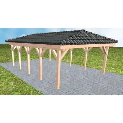 Carport mit Walmdach Kiel MD Natur, 505x723 cm, inkl. Dachpfannen und Dachrinnen, Lärche naturbelassen Mittel (723 cm) | komplett | Lärche natur