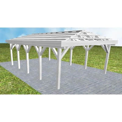 Carport mit Walmdach Kiel MO Select, 505x723 cm, ohne Dachpfannen und Dachrinnen, Fichte Leimholz weiß grundiert Mittel (723 cm) | ohne Pfannen u. Entwässerung | Fichte Leimholz weiß