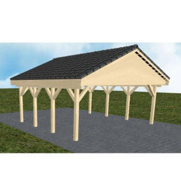 Doppelcarport mit Satteldach Würzburg KD, 605x573 cm, mit Dachpfannen und Dachrinnen, Fichte KVH naturbelassen Kurz (573 cm) | komplett | Fichte KVH natur