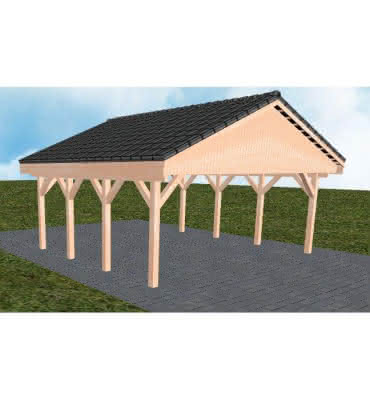 Doppelcarport mit Satteldach Würzburg KD, 605x573 cm, mit Dachpfannen und Dachrinnen, Lärche naturbelassen Kurz (573 cm) | komplett | Lärche natur