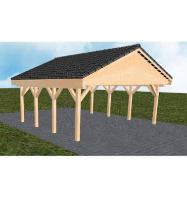 Doppelcarport mit Satteldach Würzburg KD, 605x573 cm, mit Dachpfannen und Dachrinnen, Fichte Leimholz naturbelassen Kurz (573 cm) | komplett | Fichte Leimholz natur