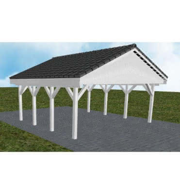 Doppelcarport mit Satteldach Würzburg KD, 605x573 cm, mit Dachpfannen und Dachrinnen, Fichte Leimholz weiß grundiert Kurz (573 cm) | komplett | Fichte Leimholz weiß