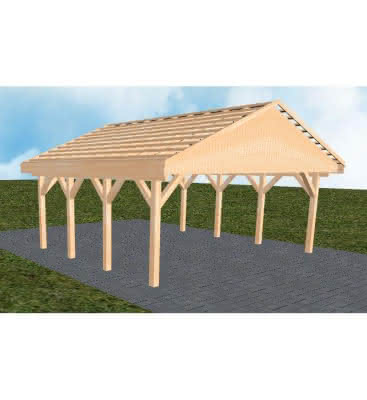 Doppelcarport mit Satteldach Würzburg KO, 605x573 cm, ohne Dachpfannen und Dachrinnen, Fichte Leimholz naturbelassen Kurz (573 cm) | ohne Pfannen u. Entwässerung | Fichte Leimholz natur