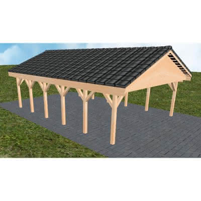 Doppelcarport mit Satteldach Würzburg LD, 605x903 cm, mit Dachpfannen und Dachrinnen, Fichte Leimholz naturbelassen Lang (903 cm) | komplett | Fichte Leimholz natur