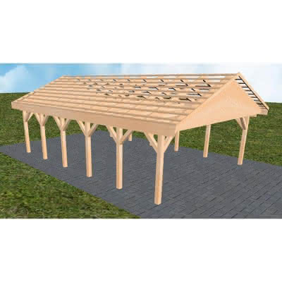 Doppelcarport mit Satteldach Würzburg LO, 605x903 cm, ohne Dachpfannen und Dachrinnen, Fichte Leimholz naturbelassen Lang (903 cm) | ohne Pfannen u. Entwässerung | Fichte Leimholz natur