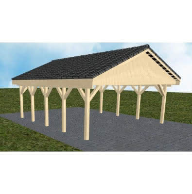 Doppelcarport mit Satteldach Würzburg MD, 605x723 cm, mit Dachpfannen und Dachrinnen, Fichte KVH naturbelassen Mittel (723 cm) | komplett | Fichte KVH natur