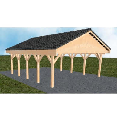 Doppelcarport mit Satteldach Würzburg MD, 605x723 cm, mit Dachpfannen und Dachrinnen, Fichte Leimholz naturbelassen Mittel (723 cm) | komplett | Fichte Leimholz natur