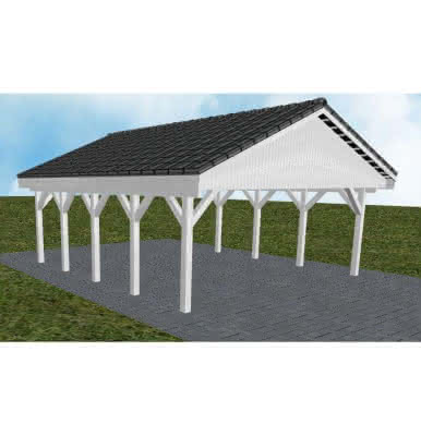 Doppelcarport mit Satteldach Würzburg MD, 605x723 cm, mit Dachpfannen und Dachrinnen, Fichte Leimholz weiß grundiert Mittel (723 cm) | komplett | Fichte Leimholz weiß