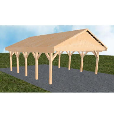 Doppelcarport mit Satteldach Würzburg MG, 605x723 cm, vorbereitet für Grünbedachung, Fichte Leimholz naturbelassen Mittel (723 cm) | vorbereitet für Gründach | Fichte Leimholz natur