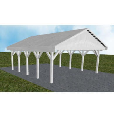 Doppelcarport mit Satteldach Würzburg MG, 605x723 cm, vorbereitet für Grünbedachung, Fichte Leimholz weiß grundiert Mittel (723 cm) | vorbereitet für Gründach | Fichte Leimholz weiß