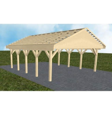 Doppelcarport mit Satteldach Würzburg MO, 605x723 cm, ohne Dachpfannen und Dachrinnen, Fichte KVH naturbelassen Mittel (723 cm) | ohne Pfannen u. Entwässerung | Fichte KVH natur