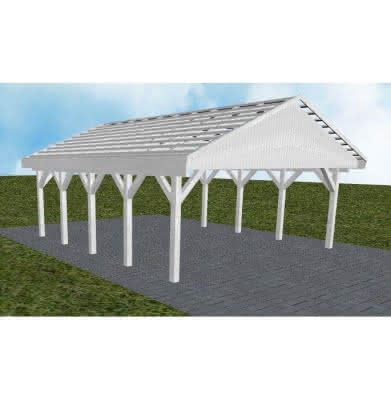 Doppelcarport mit Satteldach Würzburg MO, 605x723 cm, ohne Dachpfannen und Dachrinnen, Fichte Leimholz weiß grundiert Mittel (723 cm) | ohne Pfannen u. Entwässerung | Fichte Leimholz weiß