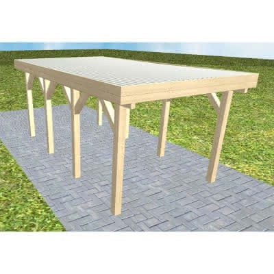 Einzelcarport Bergen KT Master, 293x556 cm, mit tropfhemmenden Stahl-Trapezplatten, Fichte KVH naturbelassen Kurz (556 cm) | Trapez-Profil, tropfhemmend | Fichte KVH natur