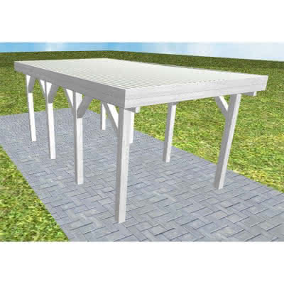 Einzelcarport Bergen KT Select, 293x556 cm, mit tropfhemmenden Stahl-Trapezplatten, Fichte Leimholz weiß grundiert Kurz (556 cm) | Trapez-Profil, tropfhemmend | Fichte Leimholz weiß