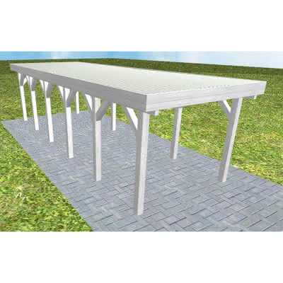 Einzelcarport Bergen LT Select, 293x879 cm, mit tropfhemmenden Stahl-Trapezplatten, Fichte Leimholz weiß grundiert Lang (879 cm) | Trapez-Profil, tropfhemmend | Fichte Leimholz weiß