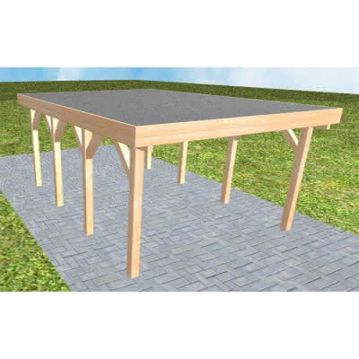 Flachdach-Carport Borkum KF Perfect, 405x556 cm, mit Foliendach, Fichte Leimholz naturbelassen Kurz (556 cm) | Foliendach | Fichte Leimholz natur