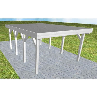 Flachdach-Carport Borkum KF Select, 405x556 cm, mit Foliendach, Fichte Leimholz weiß grundiert Kurz (556 cm) | Foliendach | Fichte Leimholz weiß