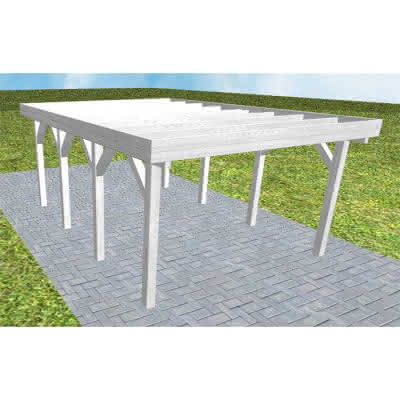 Flachdach-Carport Borkum KO Select, 405x556 cm, ohne Bedachung, Fichte Leimholz weiß grundiert Kurz (556 cm) | ohne Bedachung | Fichte Leimholz weiß