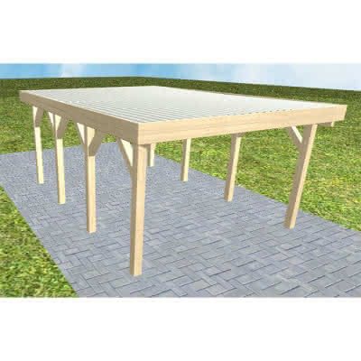 Flachdach-Carport Borkum KT Master, 395x556 cm, mit tropfhemmenden Stahl-Trapezplatten, Fichte KVH naturbelassen Kurz (556 cm) | Trapez-Profil, tropfhemmend | Fichte KVH natur