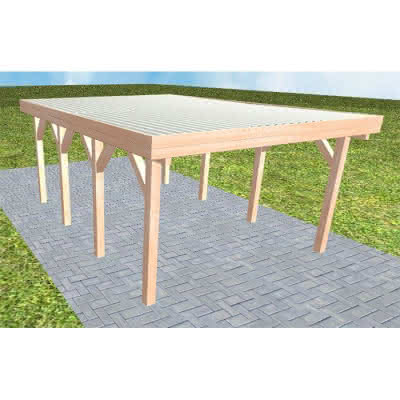 Flachdach-Carport Borkum KT Natur, 395x556 cm, mit tropfhemmenden Stahl-Trapezplatten, Lärche naturbelassen Kurz (556 cm) | Trapez-Profil, tropfhemmend | Lärche natur