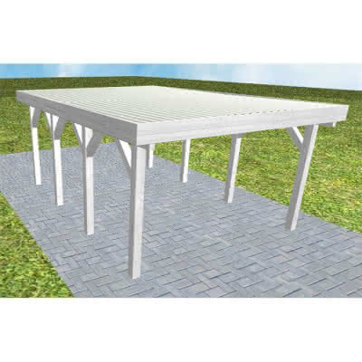 Flachdach-Carport Borkum KT Select, 395x556 cm, mit tropfhemmenden Stahl-Trapezplatten, Fichte Leimholz weiß grundiert Kurz (556 cm) | Trapez-Profil, tropfhemmend | Fichte Leimholz weiß