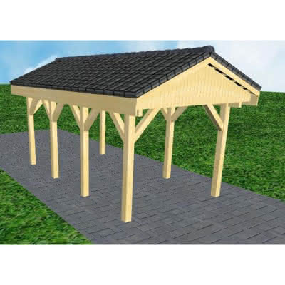 Joda® Satteldach-Carport Wedel KD, 305x573 cm, mit Dachpfannen und Dachrinnen, Kiefer KDI-grün Kurz (573 cm) | komplett | Kiefer KDI