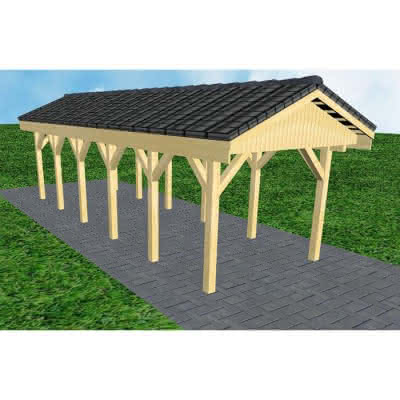 Joda® Satteldach-Carport Wedel LD, 305x903 cm, mit Dachpfannen und Dachrinnen, Kiefer KDI-grün Lang (903 cm) | komplett | Kiefer KDI