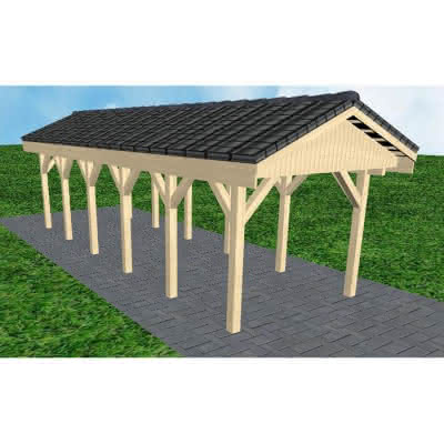 Joda® Satteldach-Carport Wedel LD, 305x903 cm, mit Dachpfannen und Dachrinnen, Fichte KVH naturbelassen Lang (903 cm) | komplett | Fichte KVH natur