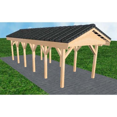 Joda® Satteldach-Carport Wedel LD, 305x903 cm, mit Dachpfannen und Dachrinnen, Fichte Leimholz naturbelassen Lang (903 cm) | komplett | Fichten Leimholz natur