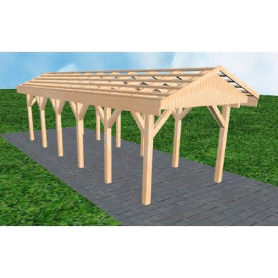 Joda® Satteldach-Carport Wedel LO, 305x903 cm, ohne Dachpfannen und Dachrinnen, Fichte Leimholz naturbelassen Lang (903 cm) | ohne Pfannen u. Entwässerung | Fichten Leimholz natur