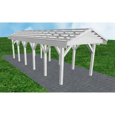 Joda® Satteldach-Carport Wedel LO, 305x903 cm, ohne Dachpfannen und Dachrinnen, Fichte Leimholz weiß grundiert Lang (903 cm) | ohne Pfannen u. Entwässerung | Fichten Leimholz weiß