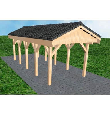 Joda® Satteldach-Carport Wedel MD, 305x723 cm, mit Dachpfannen und Dachrinnen, Fichte Leimholz naturbelassen Mittel (723 cm) | komplett | Fichten Leimholz natur