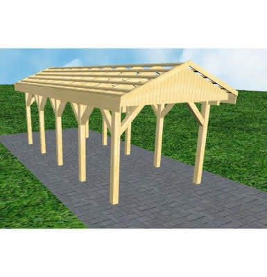 Joda® Satteldach-Carport Wedel MO, 305x723 cm, ohne Dachpfannen und Dachrinnen, Kiefer KDI-grün Mittel (723 cm) | ohne Pfannen u. Entwässerung | Kiefer KDI