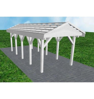 Joda® Satteldach-Carport Wedel MO, 305x723 cm, ohne Dachpfannen und Dachrinnen, Fichte Leimholz weiß grundiert Mittel (723 cm) | ohne Pfannen u. Entwässerung | Fichten Leimholz weiß