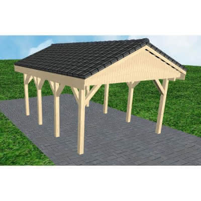 Joda® Satteldach-Carport Wismar KD, 405x573 cm, mit Dachpfannen und Dachrinnen, Fichte KVH naturbelassen Kurz (573 cm) | komplett | Fichte KVH natur