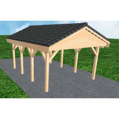 Joda® Satteldach-Carport Wismar KD, 405x573 cm, mit Dachpfannen und Dachrinnen, Fichte Leimholz naturbelassen Kurz (573 cm) | komplett | Fichte Leimholz natur