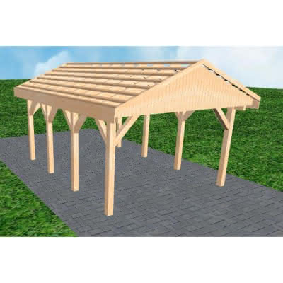 Joda® Satteldach-Carport Wismar KO, 405x573 cm, ohne Dachpfannen und Dachrinnen, Fichte Leimholz naturbelassen Kurz (573 cm) | ohne Pfannen u. Entwässerung | Fichte Leimholz natur