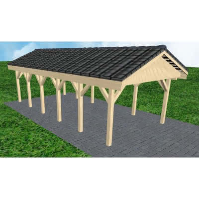 Joda® Satteldach-Carport Wismar LD, 405x903 cm, mit Dachpfannen und Dachrinnen, Fichte KVH naturbelassen Lang (903 cm) | komplett | Fichte KVH natur