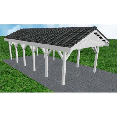 Joda® Satteldach-Carport Wismar LD, 405x903 cm, mit Dachpfannen und Dachrinnen, Fichte Leimholz weiß grundiert Lang (903 cm) | komplett | Fichte Leimholz weiß