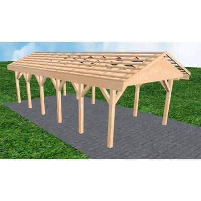 Joda® Satteldach-Carport Wismar LO, 405x903 cm, ohne Dachpfannen und Dachrinnen, Fichte Leimholz naturbelassen Lang (903 cm) | ohne Pfannen u. Entwässerung | Fichte Leimholz natur